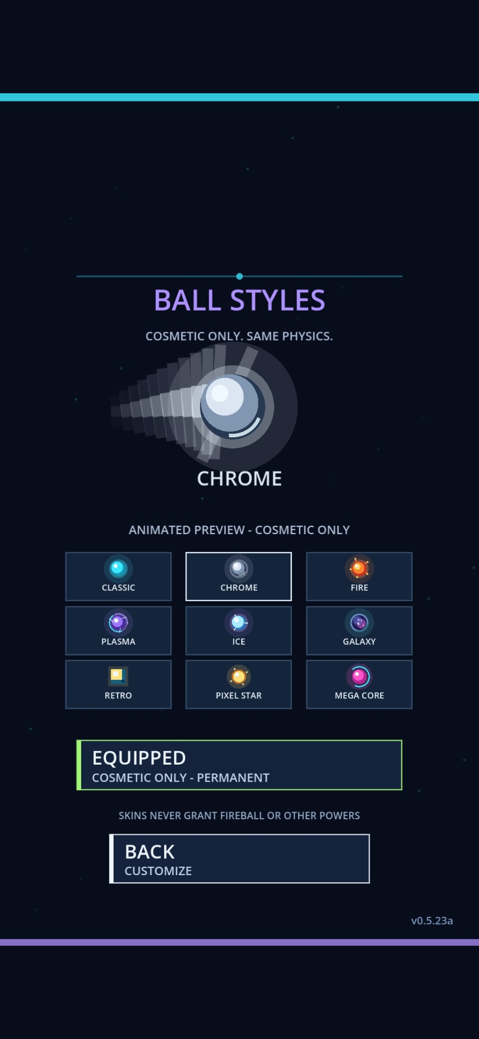 Neon Brick Rush Ball Styles screen showing Classic, Chrome, Fire, Plasma, Ice, Galaxy, Retro, Pixel Star, and Mega Core styles