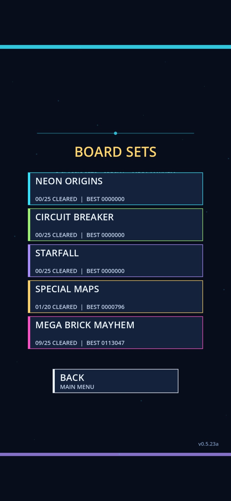 Neon Brick Rush Board Sets screen showing Neon Origins, Circuit Breaker, Starfall, Special Maps, and Mega Brick Mayhem