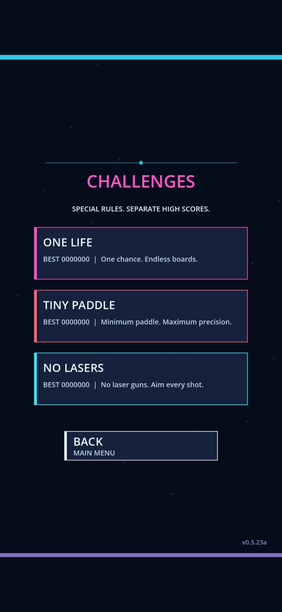 Neon Brick Rush Challenges screen with One Life, Tiny Paddle, and No Lasers modes
