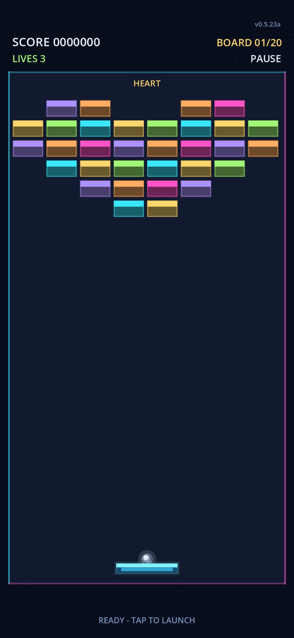 Neon Brick Rush gameplay showing a heart-shaped brick board ready to launch
