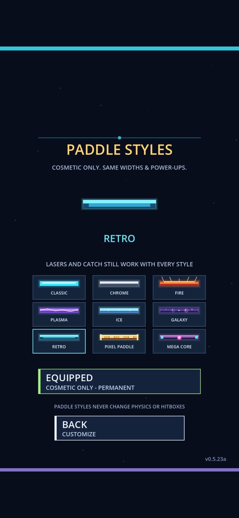 Neon Brick Rush Paddle Styles screen showing multiple cosmetic paddle designs
